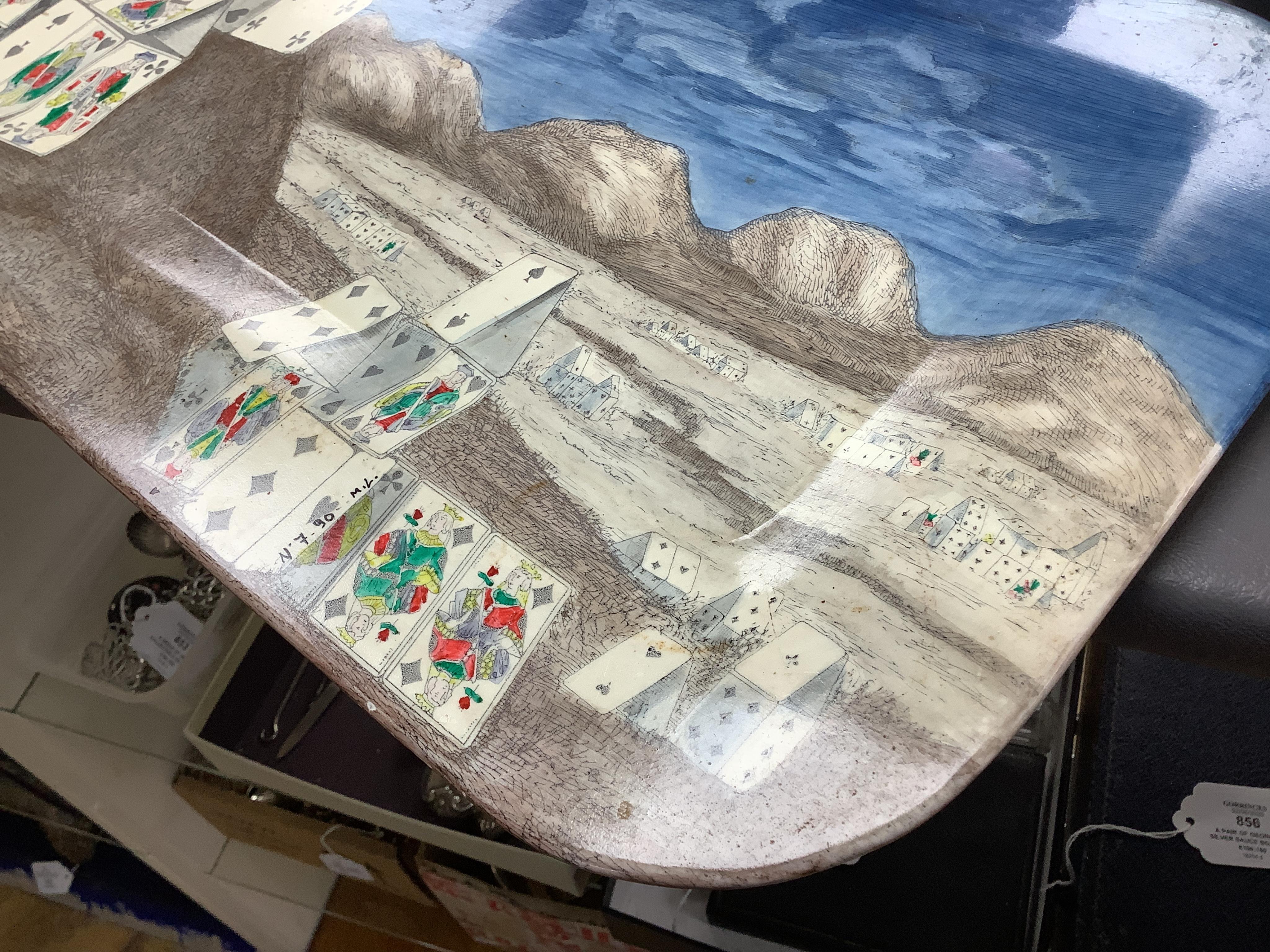 A Fornasetti 'Citta di Carte' (City of Cards) rectangular tin tray, 59cm wide
